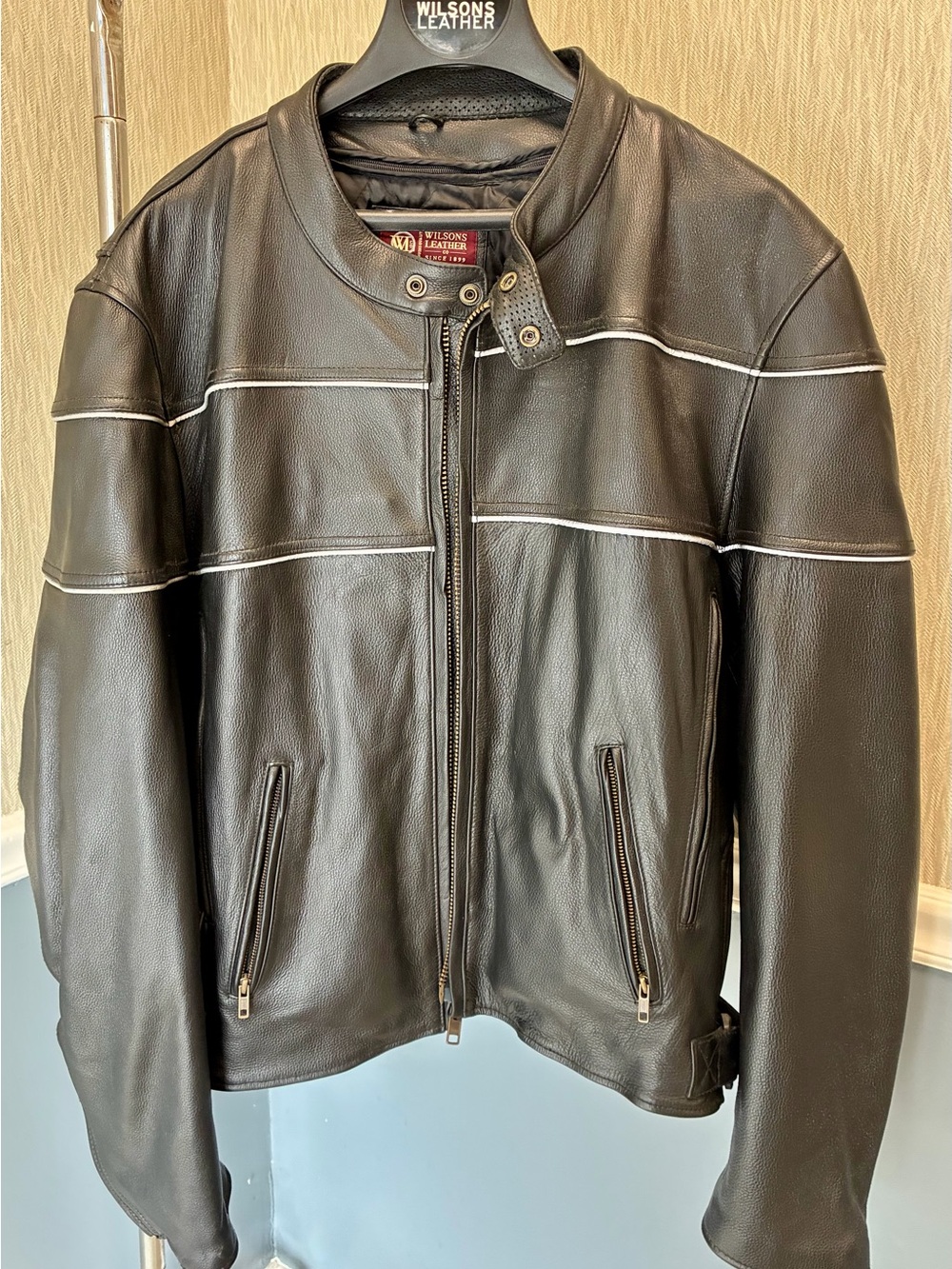 Wilsons Leather Men's Black Leather Bomber Jacket with White Piping